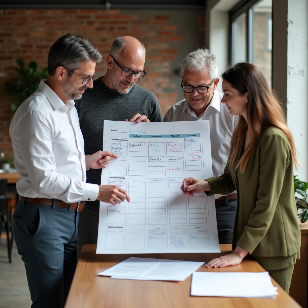 Piccolo team di una PMI che lavora su una pianificazione settimanale condivisa