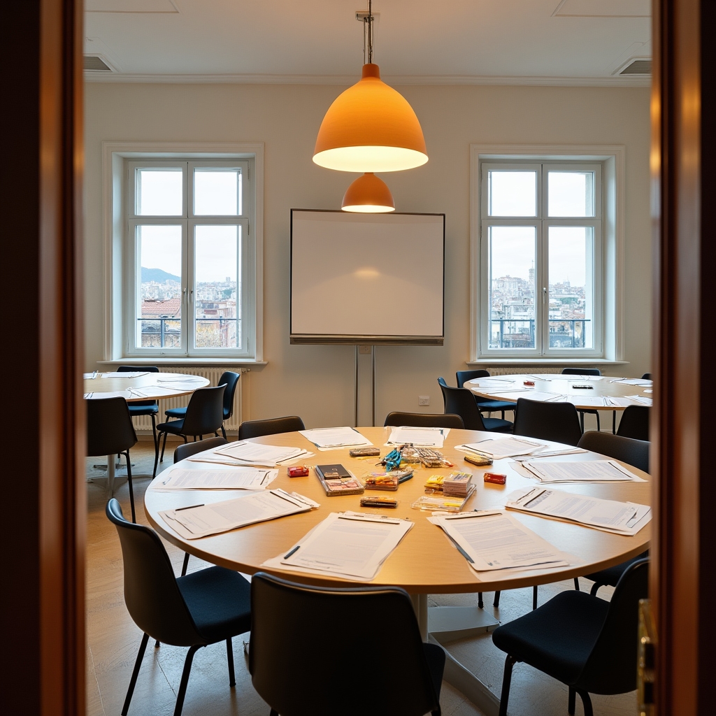 Sala allestita per un workshop con lavagne, sedie e materiali di lavoro su tavolo